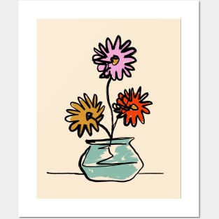 Retro Colorful Flowers in Blue Vase 70s 1 Posters and Art